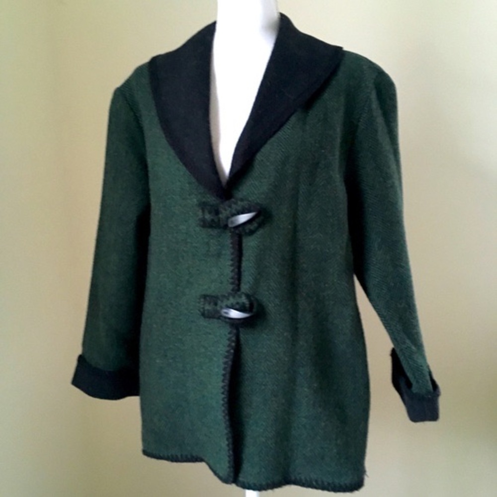 Vintage green herringbone Shawl-collar boiled wool jacket toggle closure